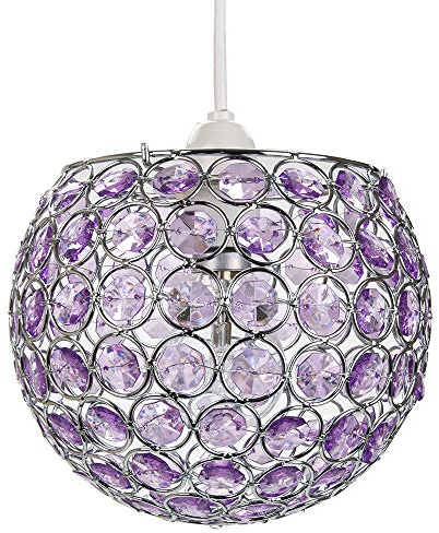 Modern Round Globe Easy Fit Pendant Shade with Small Purple Acrylic Bead Jewels | 18cm Diameter | 60w Maximum | Simple Installation by Happy Homewares