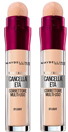Maybelline New York Correttore Multi-Uso, Idratante e con Coprenza Modulabile, Imperfezioni e Occhiaie Coperte, Con Bacche di Goji e Haloxyl, Cancella Età, Tonalità: 01 Light, Bipacco