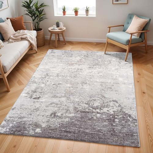 Livabliss Bangkok Wohnzimmer Teppich modern – Abstrakt Design in Marmor Optik für Wohnzimmer 200x275 cm, Esszimmer, Schlafzimmer - Marmor Teppiche groß, weicher Teppich Kurzflor in Grau, Weiß