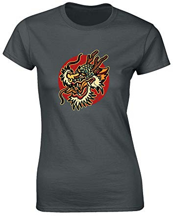 JLB Print Dragon Chinese Cool Novelty Premium Quality Fitted T-Shirt Top for Women and Teens - Charcoal / 10-12