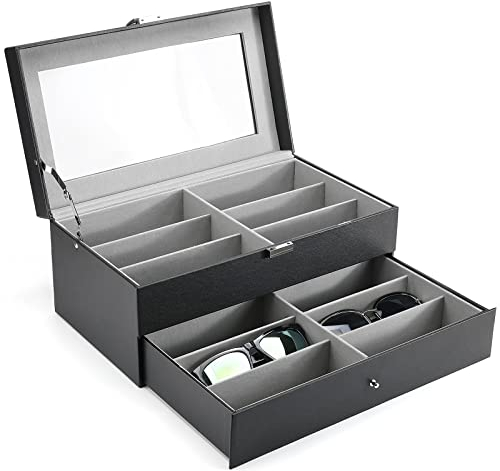 ProCase 2 Schichten Brillenbox 12 Sonnenbrillen-Organizer Displaybox Aufbewahrungsbox Brillenhalter aus Leder Brillen Schatulle Brillenkoffer mit Glasdeckel - Schwarz