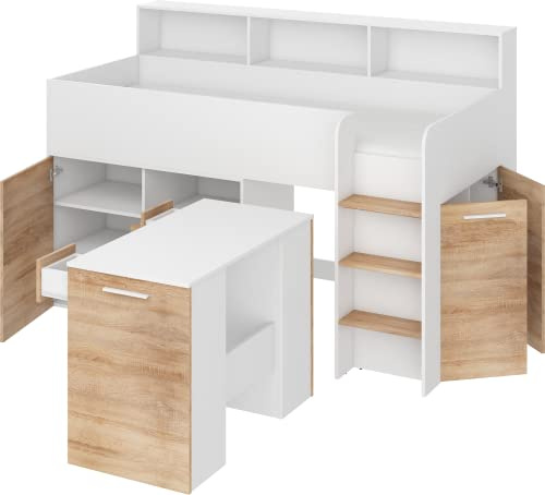 FurnitureByJDM Hochbett mit Schreibtisch, Schubladen, Regalen | Bücherregal – Platzsparendes Kinderbett 80x200 cm Matratzengröße – Rechtsseitige Treppe – NEO (Weiß/Eiche Sonoma)