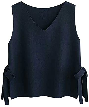 Pull Sans Manche Femme Col V Gilet Maille Tricot Tricoté Pullover Chandail Oversize Bleu M