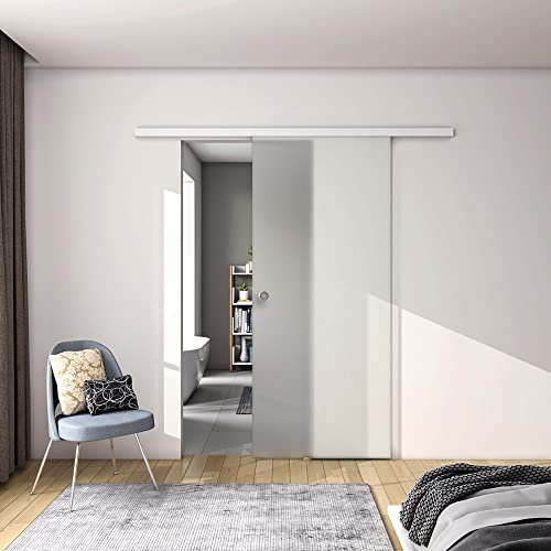 90x225 cm Porta Scorrevole in Vetro da 8 mm Temperato Opaco con Pellicola Anti-frantumi con Binario in Alluminio Bianco Verniciato