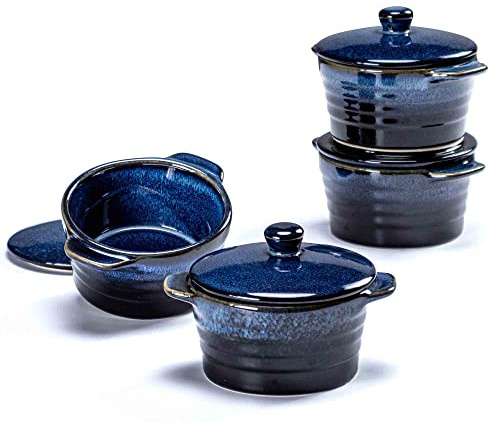 Henten Home Ceramic 8 oz Ramekins with Lid, Porcelain Mini Cocotte with Handle Set of 4, Reactive Glaze Samll Casseroles Dishfor Baking, Custard Cup, Pudding, Crème brûlée (Deep Blue)