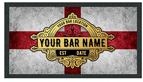 Personalised England Bar Mat, St Georges Day Flag Beer Mats, Football Bar Accessories For Home Pub, Cocktail Gin Bar Rubber Runner Mat Custom Text, Gift Idea For Him, Small - 440x250, White