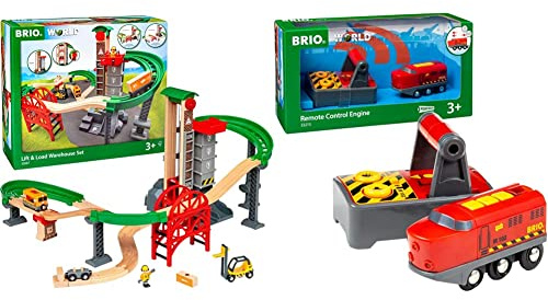 BRIO World 33887 Großes Lagerhaus-Set mit Aufzug - Zubehör für die BRIO Holzeisenbahn ab 3 Jahren & World 33213 IR-Frachtlok - Elektrische Lokomotive mit Fernsteuerung - ab 3 Jahren