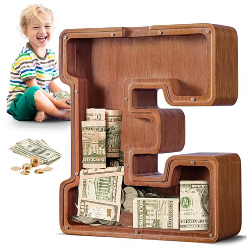 Summidate Large Wooden Piggy Bank for Kids Adults, Letter E Money Bank for Boys Girls, Personalized Initial Alphabet Bank for Coins Bills Change, Birthday and Decor