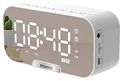 Karlak Reloj despertador con superficie de espejo digital con altavoz BT y radio FM y pantalla de temperatura Alarmas duales electrónico de escritorio Reproductor de música portátil recargable Soporte