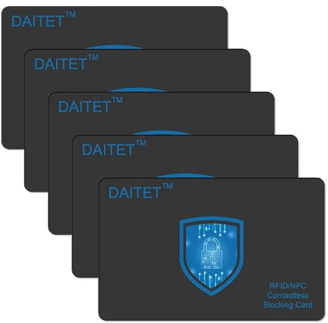 RFID-blockierende Karten für Männer und Frauen, schlank, kontaktlos, NFC, Bank, Debitkarte, Reisepass, Schutz, Schutz, gesamte Brieftasche oder Geldbörse, Schwarz, 5 Stück, Minimalistisch