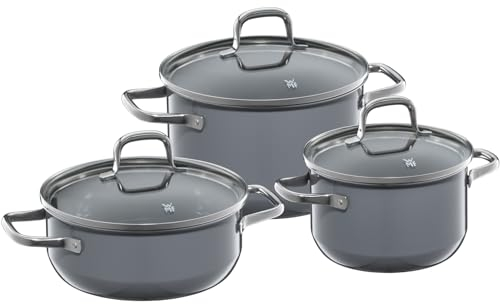 WMF Fusiontec Essential Topfset Induktion 3-teilig, Kochtopf Set mit Glasdeckel, Induktions Töpfe Set, High-Tech Keramik, kratzfest, unbeschichtet, für alle Herdarten geeignet, Made in Germany, grau