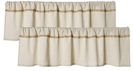 Lot de 2 cantonnières en Coton et Lin pour fenêtres avec Bordure en Dentelle et Toile de Jute Rustique de 30,5 cm avec Passe-Tringle