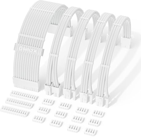 Lot de 5 rallonges de câble PSU, Full White - Management facile - Câble d'alimentation en nylon gainé - 1 x 24 broches ATX / 2 x 8 (4+4) broches EPS / 2 x 8 (6+2) broches plaquées or - Boîtier PC Full