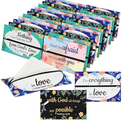 Zhanmai 20 Pcs Christian Inspirational Bible Verse Floral Tissue Holders Bulk Reusable Travel Pouch Church Mothers Day Gifts for Women Christian Employee Appreciation Gifts Bulk Secretary's Day