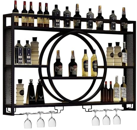 Wall Mounted Wine Rack, Modern Metal Wall Hanging Wine Racks, Wine Shelf with Glass Rack, Multifunctional Wine Racks Wall Mounted , Round Wine Holder Cabinet for Home Restaurant Bars (Black, 140cm)