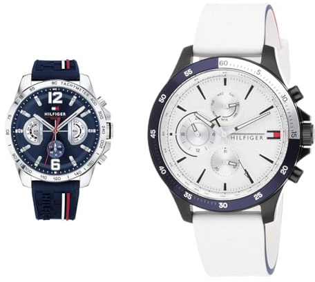 Tommy Hilfiger Multi Zifferblatt Quarz Uhr für Herren mit Weisses Silikonarmband - 1791723 & Multi Zifferblatt Quarz Uhr für Herren mit Marinblaues Silikonarmband - 1791476
