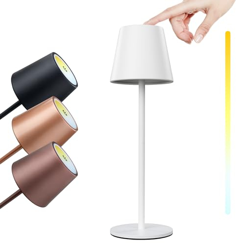 LED Akku Tischlampe TOUCH 36 cm - Kabellos - Dimmbar - Farbtemperatur einstellbar - für Garten Esstisch Schlafzimmer Balkon Hotel (Weiß)