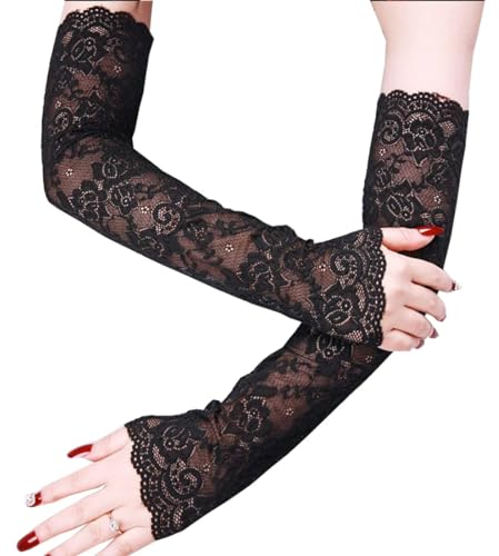 ZOKJSW 1 Paar Schwarz Weiß Damen Mädchen Braut Hochzeit Abend Party Kostüm Zubehör 1920er Jahre Vintage Tee Party Handschuhe Lange Netz Spitze Fingerlose Handschuhe