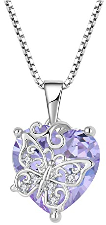 FJ Herz Schmetterling Kette Damen 925 Sterling Silber Geburtsstein Kette Anhänger Schmuck Geschenke für Frauen Mutter Freundin Mama