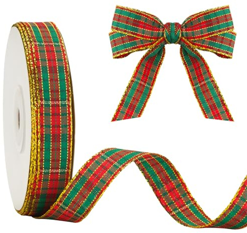 jijAcraft Weihnachtsband 15mm Breit, Rot und Grün Weihnachten Dekoband, Kariertes Band mit Goldkante, 22M Geschenkband für Weihnachtsbasteleien, Geschenkverpackungen und Weihnachtsbaum-Girlandendeko