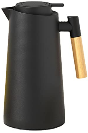 Pichet Isotherme Bouteille Sous Vide Isolé, Carafe à Café Thermique Pour Le Thé Café Chaud Et Froid, Avec Simple Bouton Poussoir De Sécurité, Manche En Bois, Pour Hôtel Bureau Domicile (Noir,1L)