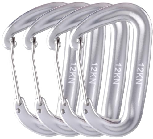 Azarxis Karbinhakar 12 kN (1 200 kg) multifunktionell aluminiumlegering D-form liten karbinhake för camping hängmatta tält ryggsäck vandring (#01 silver-4 st)