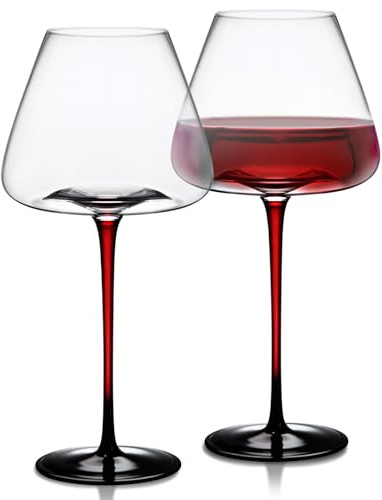 LEMONSODA Concave Champagne & Wine Glasses - Modern Red Stem & Black Bottom for Sparkling Wine, Rosé, Prosecco, Champagne – Handcrafted Barware, Perfect for gift (24oz, Set of 2)