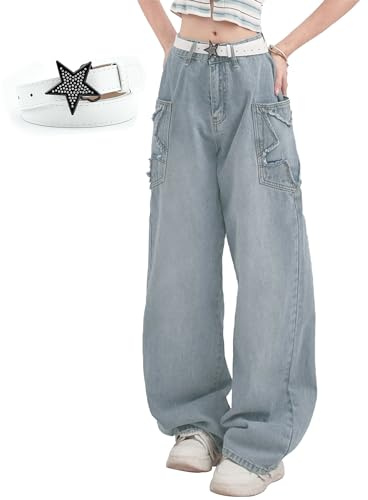 XKBHYD Ladies Y2k Baggy Jeans Hight Waist Star Print Pants Women Casual Multi Pocket Trousers Straight Wide Leg Jeans