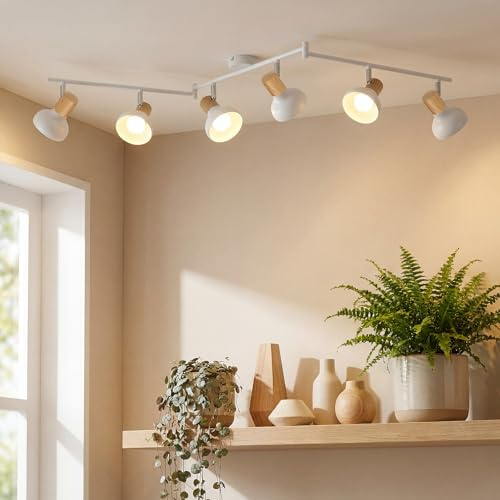 Deboola Deckenstrahler 6 Flammig Deckenleuchte Vintage - Deckenlampe Weiß | Wohnzimmer Strahler Innen E14 Deckenspots Industrial Metall 350°Schwenkbar Spots für Flur Schlafzimmer(Ohne Leuchtmittel)