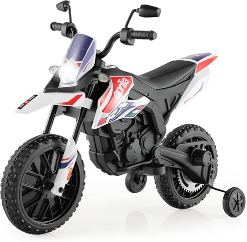 FANTASK Aprilia 12 V elmotorcykel för barn 5,5–6 km/h, barnmotorcykel med stödhjul och musik och strålkastare, svart-vit motorcykel för barn från 3 till 8 år