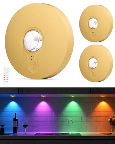 3 Stück USB Aufladbar LED Spots Akku mit Fernbedienung, RGB Unterbauleuchte | gold kabellos vitrinenbeleuchtung led, dimmbare, timer, 3 farbtemperaturen, magnetisch licht, schrankbeleuchtung für küche