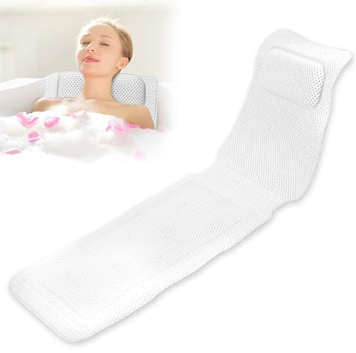 Full Body Bath Pillow Bath Mat Bath Cushion for Head Neck Rest Bathtub Pillow Mats with 30 Non-Slip Suction Full Body Spa Bath Mattress Cushion Breathable Bathtub Mat fits all Bathtub