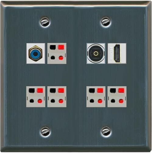 Placa de pared para altavoz estilo 5.1 con 2 conectores HDMI TOSLINK RCA de 1 puerto, 2 bandas planas [acero inoxidable]