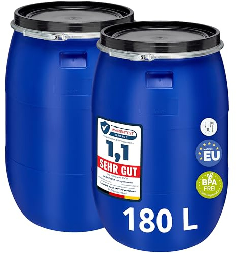 Garronda Set 2X 180 Liter Regentonne mit Deckel Weithalsfass aus HDPE Regenfass für Garten Fass Regenwassertonne Futtertonne Wasserfass Regentonnen Lebensmittelfass Wassertank GD-0128 Blau