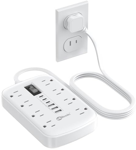 2 Prong Power Strip, 3 to 2 Prong Outlet Adapter, 1700J 2 Prong Surge Protector 5ft Extension Cord with Thin Flat Polarized Plug, 8 AC & 6 USB, Wall Mount for Non-Grounded Outlet, Ideal for Old House