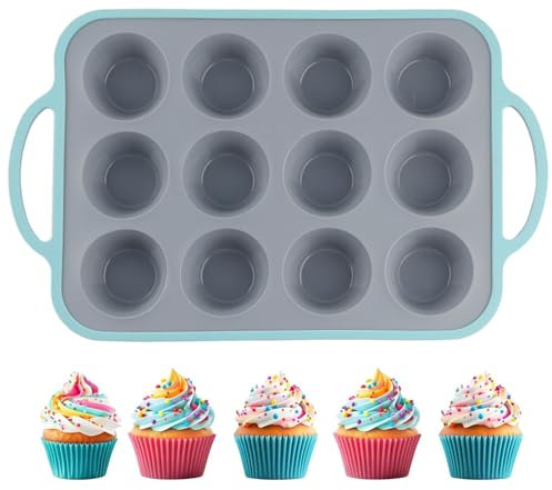 LCUHAVA 12 Cup Mini Muffin Tray Yorkshire Pudding Tray Nonstick Cupcake Tray Silicone Handle Two Toned Suitable for Making Yorkshire Puddings and Muffin Cupcakes (Grey)