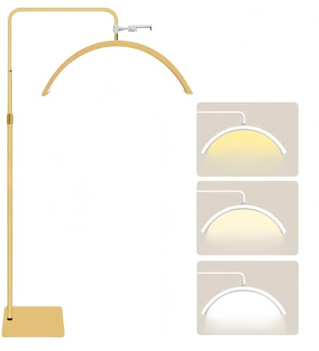 Half Moon Lamp, Arch Floor Lamp with Button/Remote Control, Dimmable LED Standing Lamp, Adjustable Height, Rotatable Head & Phone Holder, for Nail Tech, Lash, Tattoo Beauty Light (Gold)