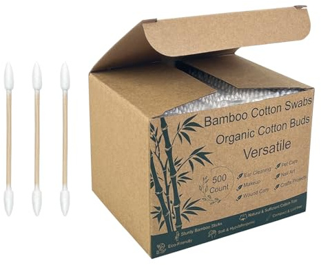 500 Precision Tip Bamboo Cotton Swabs – Biodegradable & Organic Cotton Buds with Precision Tips – Eco-Friendly Wooden Swabs for Makeup, Cleaning, Crafts, and Baby Care