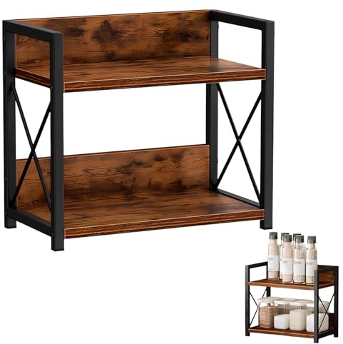Zuxbolf Scaffale Salvaspazio Cucina a 2 Ripiani,Scaffale da Appoggio a Metallo e Legno,Mensola Cucina Salvaspazio,Supporto Porta Spezie da Appoggio a 2 Livelli per Sala da Pranzo, Ufficio