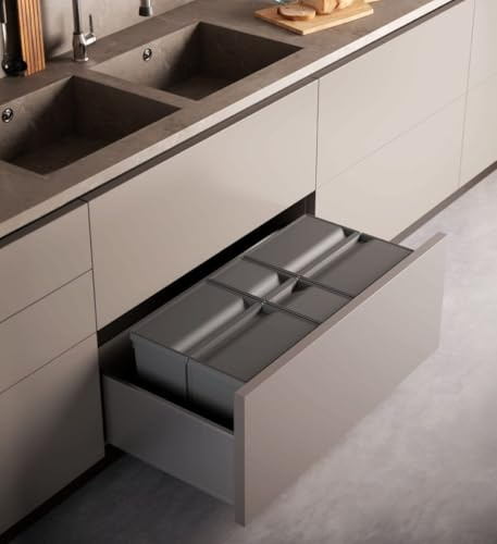 Mülltrennsystem 9 XL für 80 cm Schublade - Einbau-Mülleimer mit 4 Fächern (4x 11 L), Abfalleimer Küche Unterschrank, Einbaumülleimer Küche, Mülltonne, Abfall & Recycling, Anthrazit