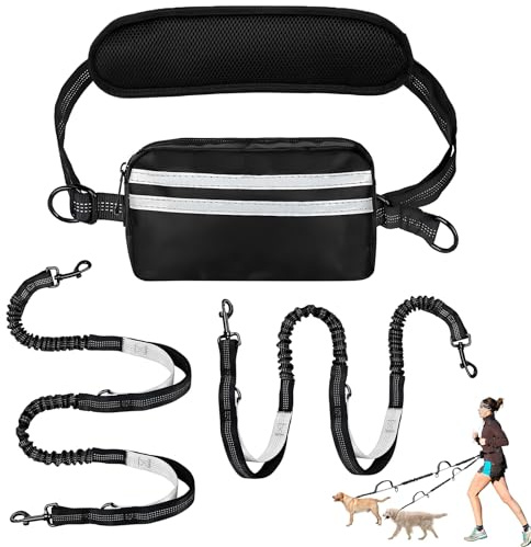 Moorstdel Joggingleine mit Bauchgurt für 2 Hunde,Verstellbar Übungsleine,Freihandleinen für Doppelter Hunde,mit Reflektierend Elastisch Laufleine und Dual Griffe zum Joggen und Walken