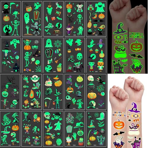 250+ Halloween Sticker, 20 Stück Motivationsaufkleber Für Kinder, Feiertage halloween Dekoration, Und Leuchttattoos, Mit Kürbis Und Geister Motiven, Ideal Für Halloween Party