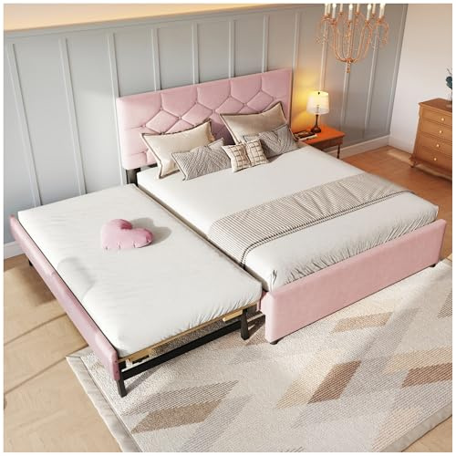 Wyibwy cama matrimonio acolchada 140 x 200 cm, cama nido con ruedas, 1.5 plazas, tela de terciopelo, (sin colchón) (rosa, 140 x 200 cm)