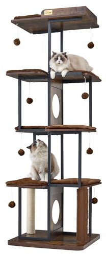 168 cm Kratzbaum, Kratzbaum Grosse Katzen stabil, Moderner Katzenbaum für Drinnen, Mehrstöckiges Katzenkondomino, hölzerner Katzenturm mit großer Plattform, Rustikales Braun
