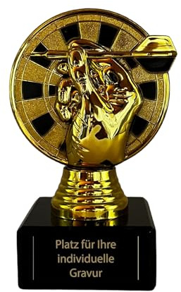 Darts Pokal 13 cm - Trophäe Hand mit Dartpfeil & Zielscheibe - Marmorsockel | Goldene Kunststoff-Figur inklusive Gravurschild für Dartturniere und Vereine, 360 g schwerer Sockel für sicheren Stand