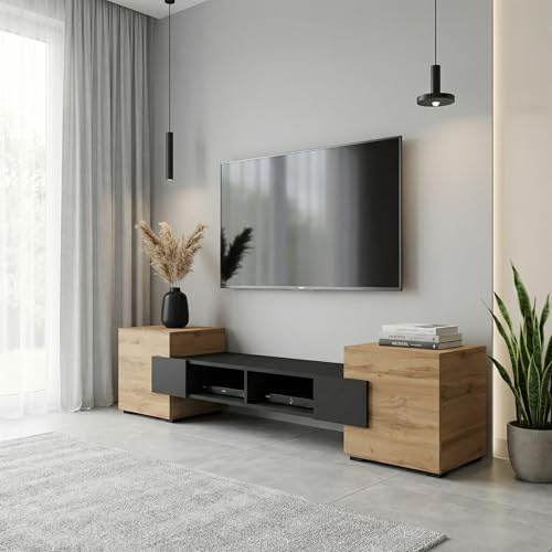Komodee Mobile TV Torino, Nero, Rovere Wotan, Larghezza 181 cm x Altezza 40 cm x Profondità 35 cm, per Soggiorno, Camera da letto