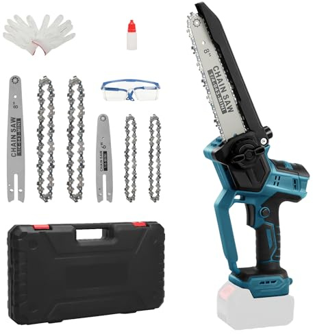 Batteridriven motorsåg 8 och 6 tum, kompatibel med Makita 18 V-batteri (utan batteri), borstlös minimotorsåg med automatisk kedjesmörjning, 2 plattor, 4 kedjor, handskar, skyddsglasögon och fodral