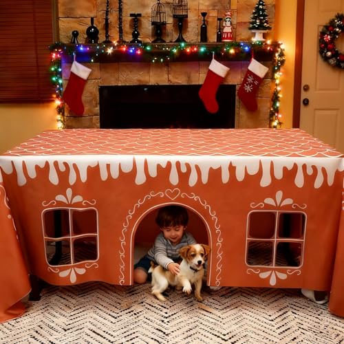Gingerbread House Christmas Tablecloth, Christmas Gingerbread Playhouse, Xmas Tablecloth Square 59 * 60Inch Gingerbreads House, Holiday Ornament for Home Kitchen Dining Party (150×120cm)