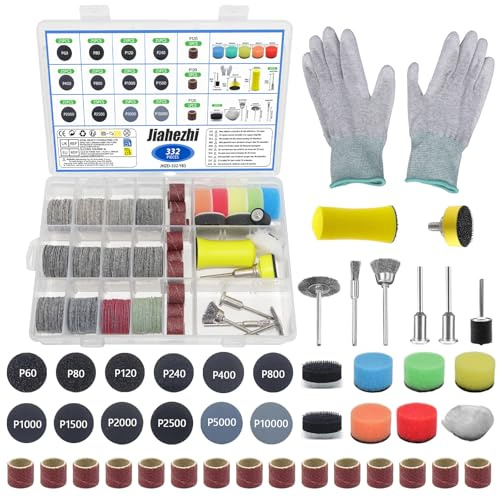 Jiahezhi 332 dischi abrasivi da 25 mm con chiusura in , per accessori Dremel, grana 60-10000 per legno, resina, metallo, ceramica e modellismo, accessori per lucidatura
