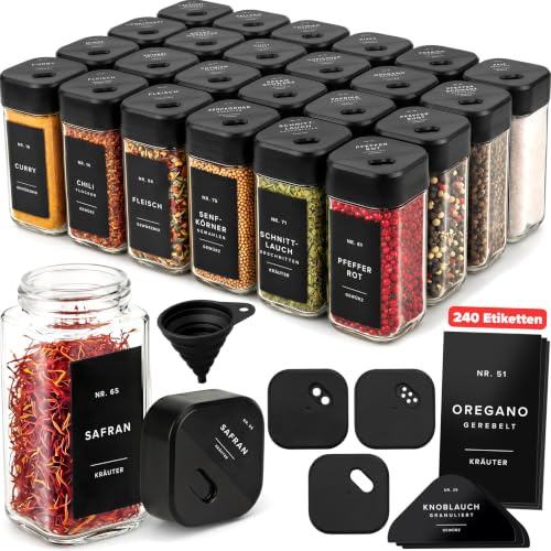 EDELHAUS Gewürzgläser Eckig Set mit Schwarzem Verstellbarerem Deckel 24x | 120ml Gewürzstreuer mit 240 Etiketten Schwarz - Hochwertige Gewürzbehälter, Gewürzdosen, Gewürze organizer inkl. Trichter